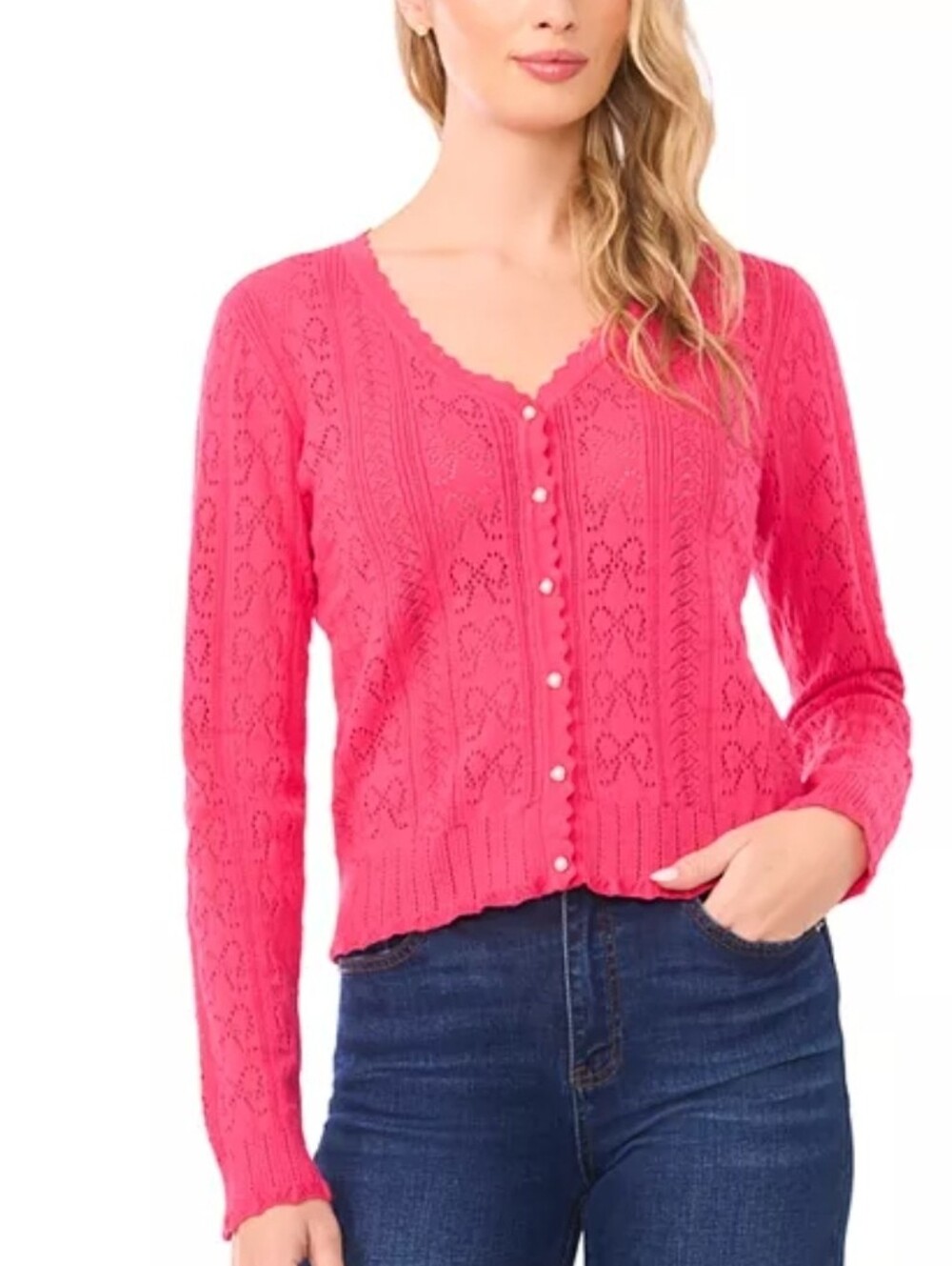 Cece Bow Pointelle V-Neck Cardigan, Pink, Size XXL - NWT